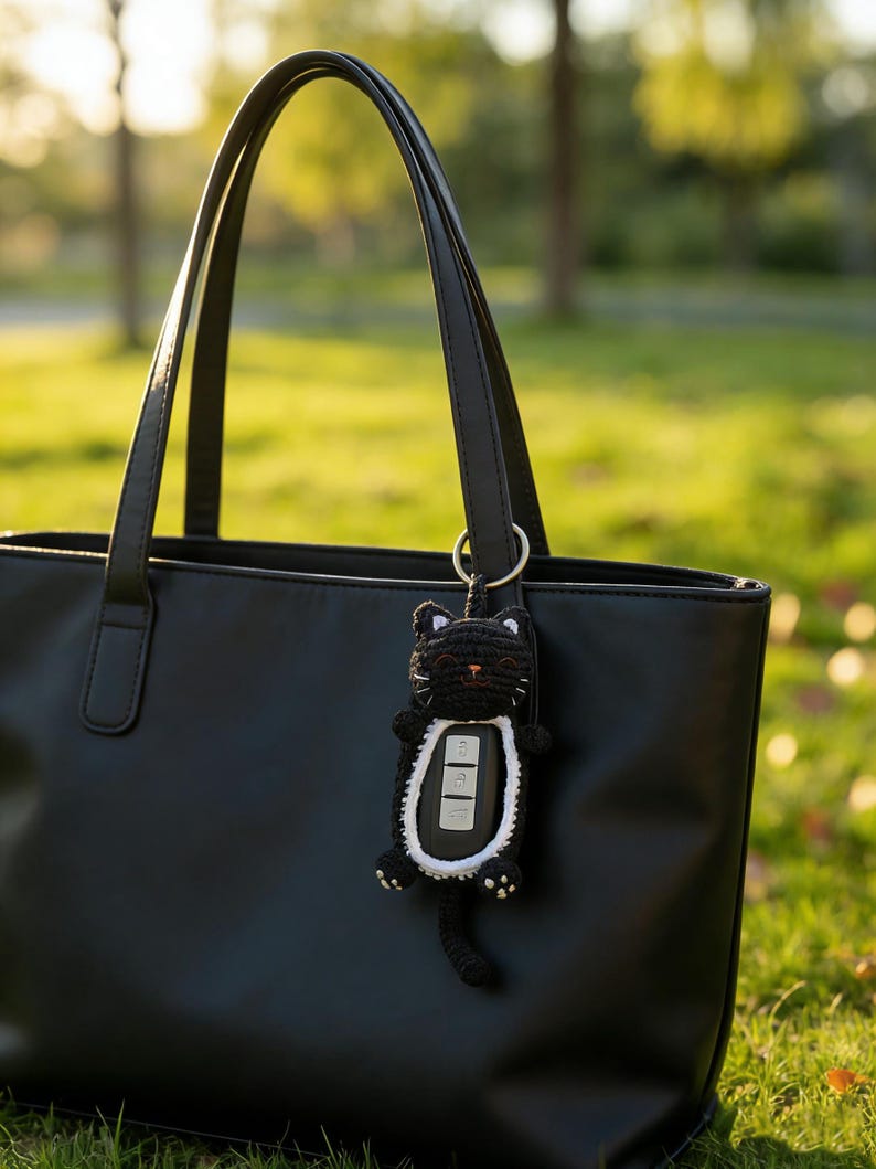 May include: A black crochet cat key fob cover featuring white accents around the face and belly, with a small tail and ears. The cat-shaped holder is attached to a silver metal ring and is currently hanging from the handle of a black leather tote bag.