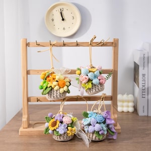Handmade Crochet Flowers Basket, car charm, rear view mirror school bag keychain, Eternal Flower, Summer Gifts, Back to School gift for her