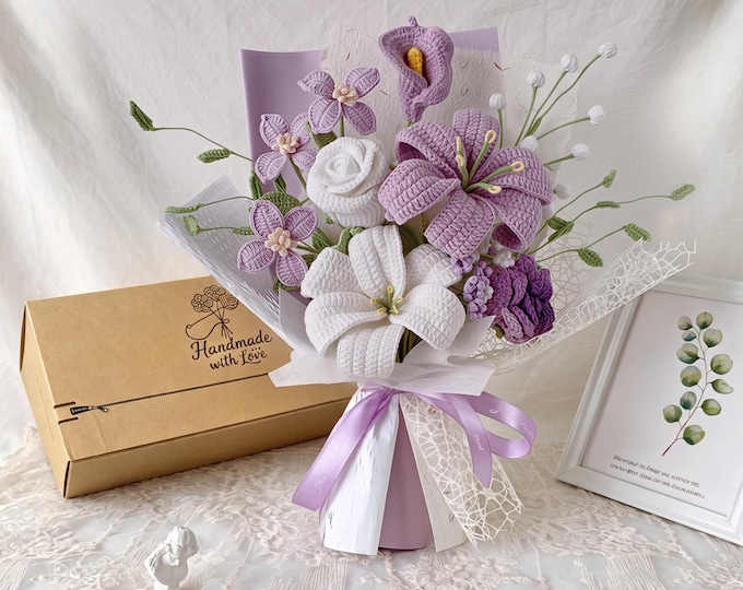Handmade Crochet Bouquet: Knitted Lily, tulip Pink and Purple - Everlasting Birthday Mother's Day Gift with Gift Bag