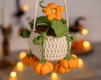 Crochet Halloween Pumpkin Hanging Basket – Handmade Car Decor, Plant Lover Gift