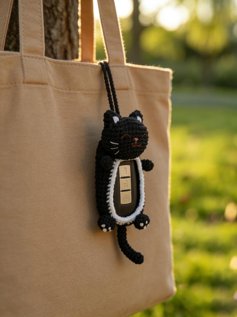 May include: A black crochet cat key fob cover featuring white inner ear details, white whiskers, and a white border around the central opening. The cat has small paws, a long tail, and is attached to a black cord for hanging from a beige tote bag.