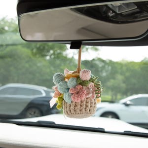 Handmade Crochet Flowers Basket, car charm, Eternal Flower rear view mirror school bag keychain, Summer Gifts, Back to School gift for her