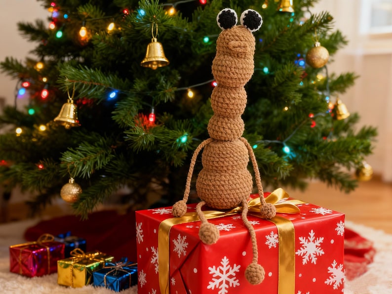May include: A brown crocheted creature with black and white eyes sits atop a red gift box with white snowflake patterns and a gold ribbon. A Christmas tree with colorful lights and ornaments is in the background. Other wrapped gifts are at the base of the tree.