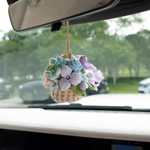 car charm Handmade Crochet Flowers Basket, Eternal Flower rear view mirror school bag keychain, Summer Gifts, Back to School gift for her
