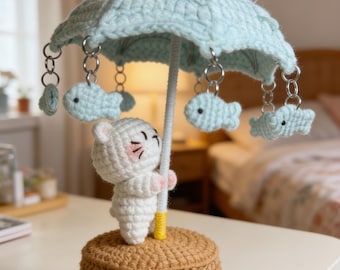 Crochet Spinning Umbrella Toy, Hand-Turned Kitten Carousel, Desk Decor, Fairy Tale Miniature, Handmade Cat Back to School Gift