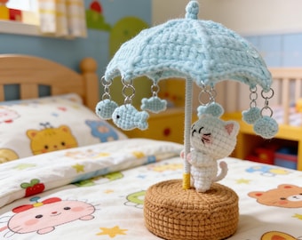 Crochet Spinning Umbrella Toy, Hand-Turned Kitten Carousel, Desk Decor, Fairy Tale Miniature, Handmade Cat Back to School Gift
