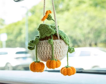 Crochet Farm Pumpkin Hanging Basket: Halloween Car Plant Decor