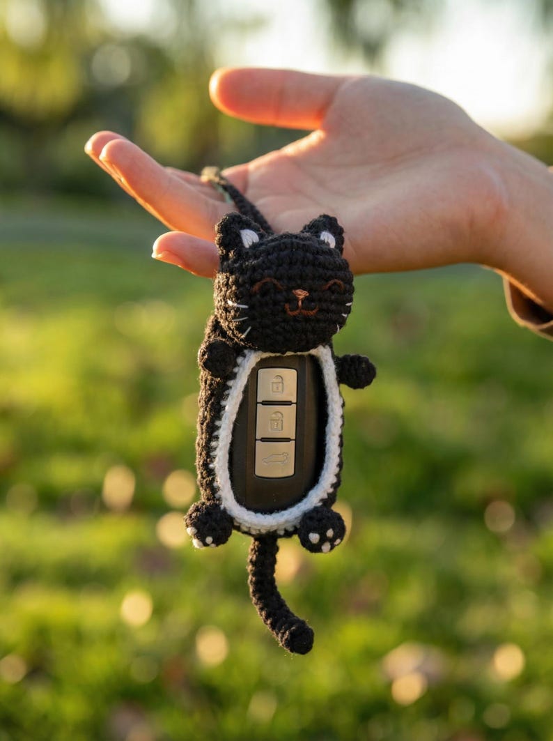 May include: A black crocheted cat-shaped key fob cover featuring white inner ear details, a white border around the central opening, and a long tail. The cover holds a black car key fob with three silver buttons visible through the center opening.