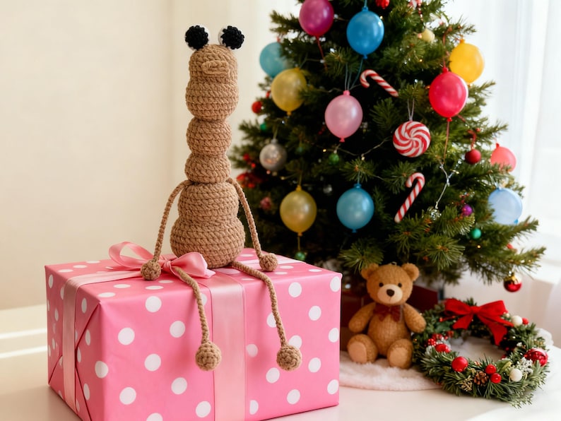 May include: A handmade crochet giraffe toy with black pompom antennae sits atop a pink polka dot gift box tied with a pink ribbon. A decorated Christmas tree with ornaments and a teddy bear are in the background.