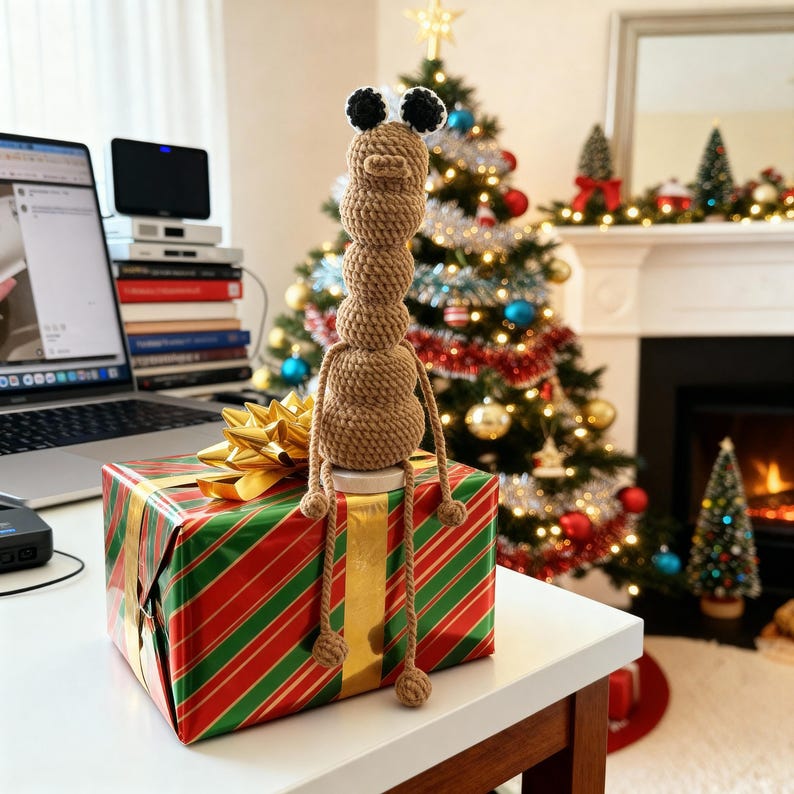 May include: A handmade, tan-colored crochet creature with black and white eyes sits atop a wrapped gift. The gift is wrapped in red and green striped paper with a gold bow. A Christmas tree with ornaments is in the background.