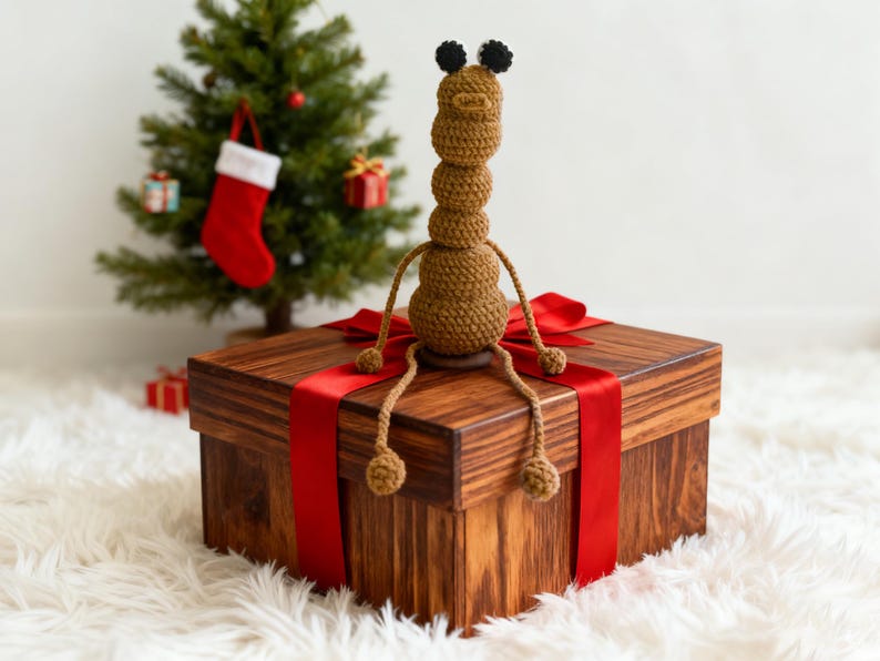 May include: A brown, crocheted insect-like figure sits atop a wooden gift box tied with a red ribbon. A small Christmas tree with ornaments and a stocking is in the background. The box is on a white, fluffy surface.