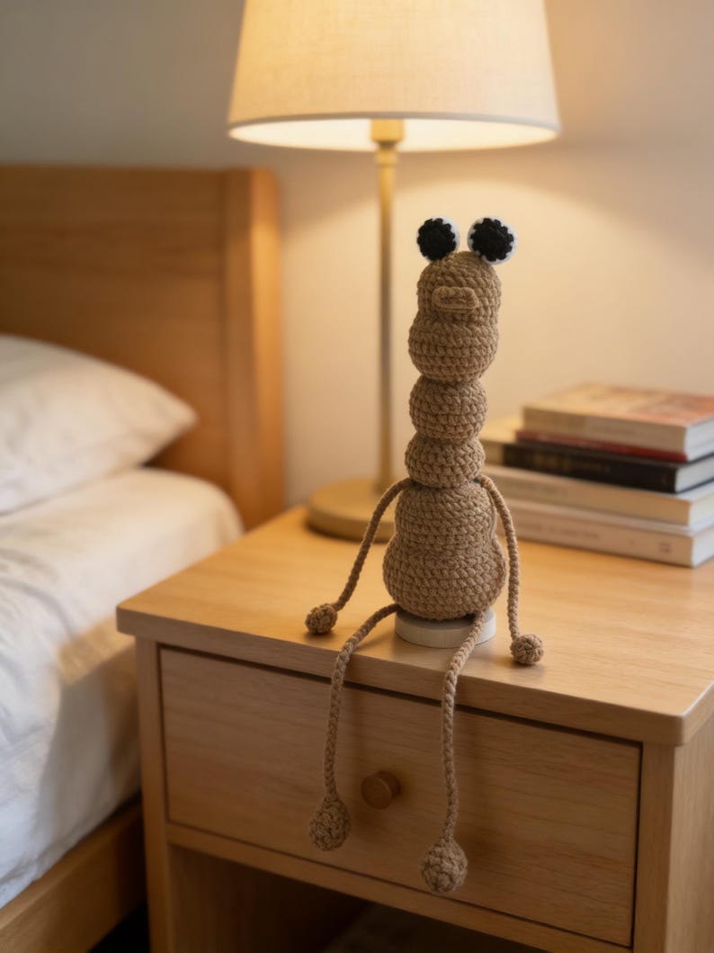 May include: A handmade, tan crochet caterpillar doll with black and white eyes and long, dangling legs. The caterpillar is sitting on a small, round, white base. The doll is on a wooden nightstand next to a lamp and a stack of books.