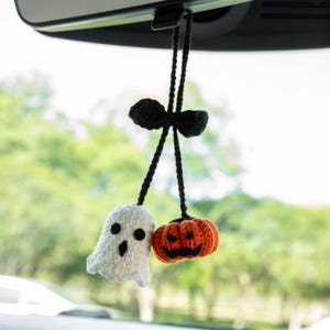 Halloween car accessory, Handmade Crochet Ghost and pumpkin Car charm, spooky rear view mirror decor, hanging ghost ornament, goth aesthetic