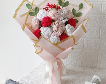 Crochet flowers bouquet: Handmade Everlasting Anniversary Mother's day never wilt gift for Her