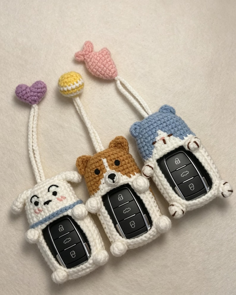 Crochet Cat Car Key Fob Cover: Handmade Animal Car Charm Case image 16