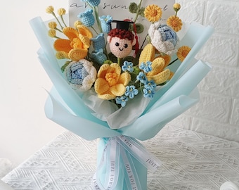 Crochet Graduation Bouquet with Custom Amigurumi Doll, Handmade Flowers Keepsake Gift