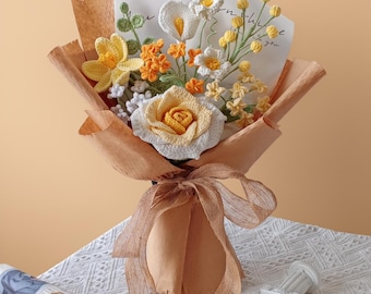 Handmade Crochet Flower Bouquet, Sunflower, Lily, Eucalyptus, Everlasting Gift for Love
