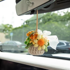 Handmade Crochet Flowers Basket, car charm, Eternal Flower rear view mirror school bag keychain, Summer Gifts, Back to School gift for her