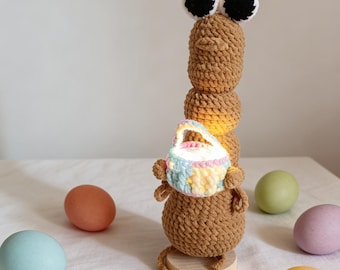 Marcus the Worm Plush Lamp: Handmade Crochet Amigurumi Toy with Rabbit Ear and Basket gift for Easter