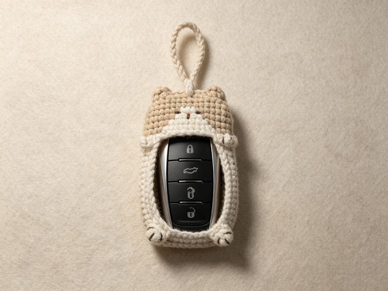 Crochet Kitten Car Key fob Cover: Cartoon Key Holder Bag,Creative Keychain, Knitted Animal Key Case, Car Key Protector image 15