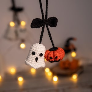 Halloween car accessory, Handmade Crochet Ghost and pumpkin Car charm, spooky rear view mirror decor, hanging ghost ornament, goth aesthetic