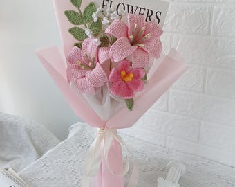 Handmade Crochet Flower Bouquet: Sunflower, Tulips, Lily & Eucalyptus