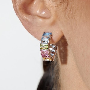 Sterling Silver Colorful Zircon Hoop Earrings | Rainbow Cubic Zirconia Hoops | Statement Silver Earrings | Lightweight Everyday Jewelry