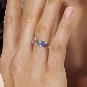 Sterling Silver Rainbow Ring • Colorful Baguette Zircon Ring • Statement Geometric Band • Sparkling Stacking Ring