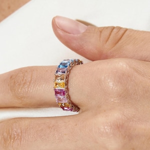 Sterling Silver Rainbow Zircon Ring • Colorful Baguette Eternity Band • Multicolor Stacking Ring for Women