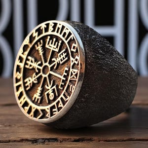 Men’s Viking Compass Ring, 925 Sterling Silver Norse Vegvisir Symbol Ring, Nordic Gift Idea for Him, Handmade Oxidized Silver Men&#39;s Ring