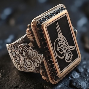 Sterling Silver Men&#39;s Ring with Ottoman Tughra – Handmade Engraved Jewelry, Unique Gift for Him, Ottoman Sign Ring, 925K Silver Onyx Ring
