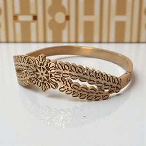 14K Gold Plated Steel Floral Handcuff Bangle Jewelry for Women, Flower Pattern Cuff Bracelet