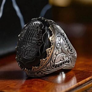 Bescherming talismanring, sterlingzilveren soera-ring, ring met koranvers, 925K zilveren ring Arabische kalligrafie, islamitische ring voor mannen