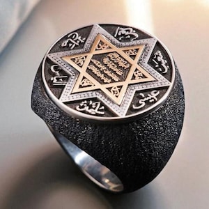 Sterling Oxidized Silver Men&#39;s Ring with Seal of Solomon Design, Islamic Talisman Jewelry, Unique Gift for Spiritual Men, King Style Ring