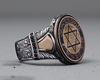 Sterling Silver Men’s Ring With Seal Of Solomon, Onyx Stones Spiritual Jewelry, Unique Handmade Gift For Him, Anniversary Present for Men