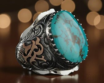 Engraved Sterling Silver Tibetian Turquoise Ring, Personalized Mens Jewelry