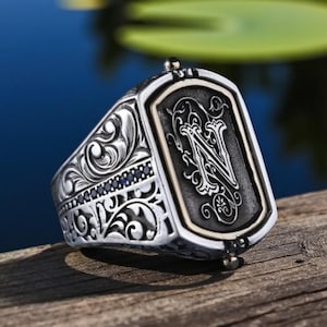 Anel de prata 925K com letra dupla face, anel de prata personalizável para homens, presente de prata esterlina para ele, presente masculino exclusivo e personalizável