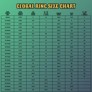May include: A ring size chart with the title "GLOBAL RING SIZE CHART" in a gold color. The chart includes measurements in millimeters and inches, along with corresponding sizes for the USA, UK, Germany, Spain, and Japan.