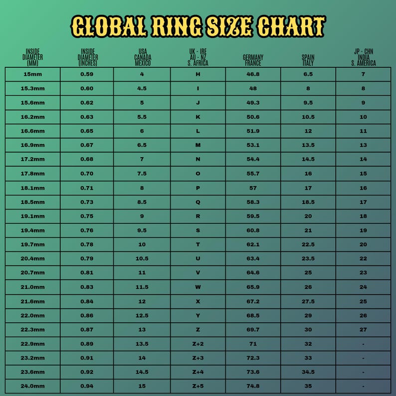 May include: A ring size chart with the title "GLOBAL RING SIZE CHART" in a gold color. The chart includes measurements in millimeters and inches, along with corresponding sizes for the USA, UK, Germany, Spain, and Japan.