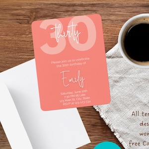 30th Birthday Invitation Template | Modern Coral Birthday Invite | Editable Canva Digital Download | 5x7 Vertical Party Invitation