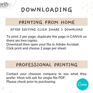 May include: A digital print with instructions for downloading and printing from home or professionally. The text includes steps for printing two pages per sheet and using Adobe Acrobat. A Canva logo is in the bottom right corner.