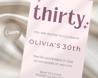 30th Birthday Invitation Template, Modern Minimalist Pink Party Invite, Editable Canva 5x7 Vertical Chic Digital Download