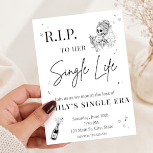 Puede incluir: Una tarjeta de invitación rectangular blanca con texto e ilustraciones en negro. El texto dice R.I.P. TO HER Single Life, Join us as we mourn the loss of MILY'S SINGLE ERA, Saturday, June 10th, 7:30 PM, 123 Main St, City, State, RSVP at 123-123-334.