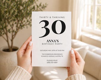 30th Birthday Party Invitation Template, Thirty and Thriving Editable Canva Invite, Modern Minimalist Women Birthday Invitation 5x7 Vertical