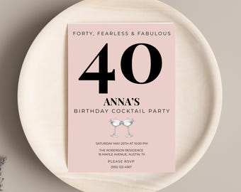 40th Birthday Invitation Template, Cocktail Party Invite, Editable Canva, Black Blush Minimalist, 5x7 Milestone Birthday Digital Download