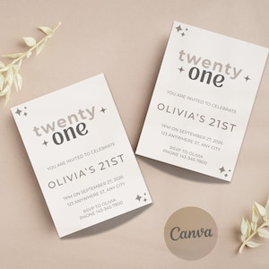 Puede incluir: Dos tarjetas de invitación blancas con texto gris y detalles de estrellas. Las tarjetas dicen "twenty + one" y anuncian la fiesta de cumpleaños número 21 de Olivia, incluyendo fecha, hora e información de confirmación de asistencia. El logotipo de Canva es visible.
