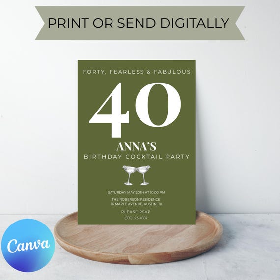 40 Birthday Invitation Template, Editable Canva Invite, Olive Green Cocktail Party Invitation, Modern Minimalist 40th Birthday Invite