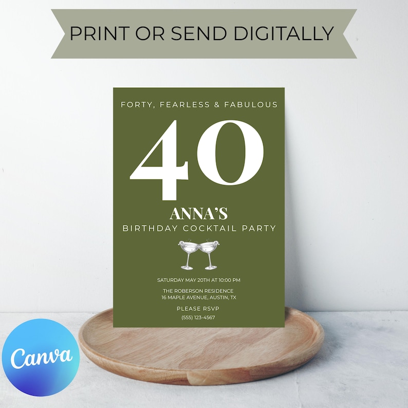 40 Birthday Invitation Template, Editable Canva Invite, Olive Green Cocktail Party Invitation, Modern Minimalist 40th Birthday Invite image 1