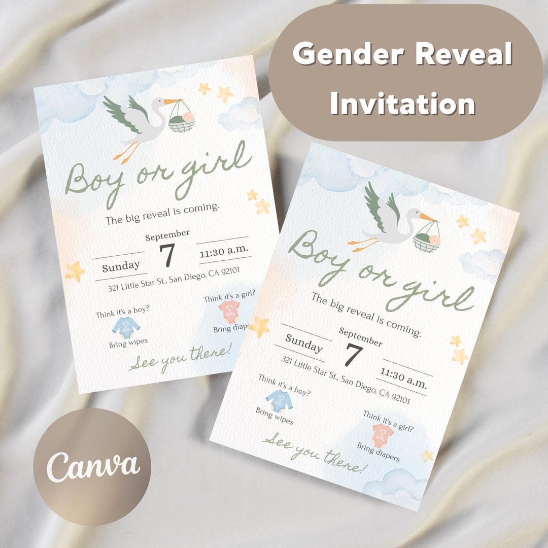 He or She Gender Reveal Invitation Template Editable Canva, Baby Reveal ...