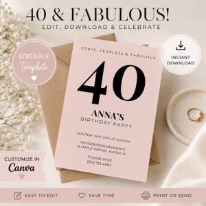 Editable Canva Invite, 40th Birthday Invitation Template, Modern Black & Blush Party, Minimalist Milestone, 5x7 Vertical Digital Download